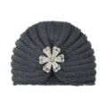 Dark grey knit turban hat with rhinestone flower brooch, warm winter beanie for women and girls. - One Size / Dark Gray