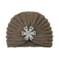 Brown knit turban hat for women, elegant crystal flower rhinestone warm winter beanie cap. - One Size / Khaki