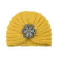 Yellow knit beanie hat with sparkling rhinestone flower brooch for women warm winter headwear. - One Size / Yellow