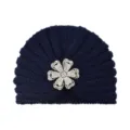 Dark blue knitted turban hat with rhinestone flower, warm winter pull-on cap for women. - One Size / Navy Blue