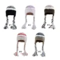 Detailed view of winter fuzzy knit beanies with cute braided tassels, soft warm multi-color hats. - Multicolor