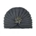 Grey knitted turban hat for women, winter warm beanie with sparkling crystal flower. - One Size / Dark Gray