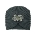 Dark grey knitted turban hat with rhinestone flower brooch, warm autumn winter beanie. - One Size / Dark Gray