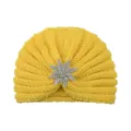 Yellow knitted turban hat with silver rhinestone flower brooch warm winter cap for women - One Size / Yellow