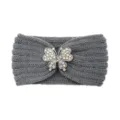 Grey knitted headband with sparkling rhinestone butterfly accessory, warm winter hair band. - Medium Grey