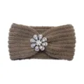 Brown knitted headband with colorful rhinestone flower brooch, warm autumn winter hair accessory. - Khaki