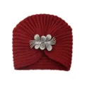Red knitted turban hat with rhinestone flower decoration, warm winter beanie for women. - One Size / Wine Red