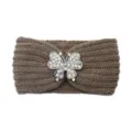 Brown knitted headband with colorful rhinestone butterfly, warm and stylish hair accessory. - Khaki
