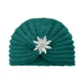 Dark green knitted turban hat with crystal flower brooch autumn winter warm woolen cap - One Size / Har Cyan