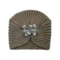 Stylish Brown Knitted Beanie Hat with Sparkling Rhinestone Flower Winter Warm Cap - One Size / Khaki