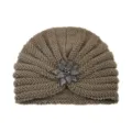 Stylish winter knitted turban hat featuring a dazzling rhinestone flower brooch design. - One Size / Khaki