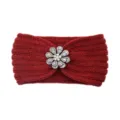 Red knitted headband for women, winter warm hair accessory with sparkling rhinestone flower. - Jujube Red