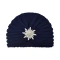 Navy blue knitted turban hat with sparkling rhinestone flower brooch for women winter warm headwear. - One Size / Navy Blue