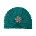 Dark green knitted turban hat with rhinestone flower brooch, warm winter slouchy beanie cap. - One Size / Har Cyan