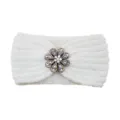 White knitted headband with crystal rhinestone flower, warm winter hair accessory. - Cream