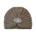 Bonnet Turban Tricoté Marron Chaud Hiver avec Fleur Cristal Strass Couvre-chef élégant - Taille unique / Khaki