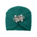 Dark green rhinestone flower knit turban hat, cozy warm winter beanie for women stylish head wrap. - One Size / Dark Spruce
