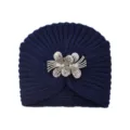 Dark blue knitted turban hat, featuring a sparkling rhinestone flower brooch, warm for winter. - One Size / Navy Blue