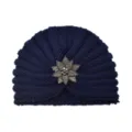 Dark blue knitted turban hat with crystal flower brooch, warm winter beanie for women variant - One Size / Navy Blue