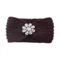 Dark brown knitted headband with sparkling rhinestone flower brooch, warm winter hair accessory. - Coffee