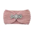 Pink knitted headband featuring a sparkly rhinestone flower brooch for winter warmth. - Misty Pink