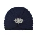 Bonnet turban tricoté bleu foncé avec fleur en strass étincelante, chapeau d'hiver chaud. - Taille unique / Bleu Marine