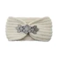 Knotted knit headband with rhinestone crystal flower brooch, warm winter hair accessories. - Beige