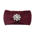Burgundy knitted headband with sparkling crystal flower, winter warm hair accessory. - Fuschia