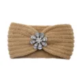 Knit Headband with Rhinestone Flower Winter Warm Hair Band Elegant Daily Hair Accessories - Camel