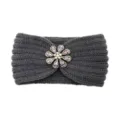 Dark grey knitted headband with colorful rhinestone flower crystal for women winter warm hair accessory - Dark Gray