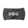 Dark grey knitted winter headband with sparkling rhinestone flower decor for women. - Dark Gray