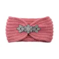 Pink knitted headband with dazzling rhinestone flower decor, perfect for autumn and winter warmth. - Dusty Pink
