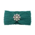 Dark Green Knitted Headband with Colorful Rhinestone Flower, Winter Warm Hair Band - Aqua Blue