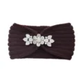 Brown knitted headband with sparkling rhinestone flower brooch for women winter. - Coffee