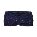 Knitted twist headband in dark blue with colorful flecks and cozy plush fleece lining. - Navy Blue Speckled