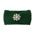 Dark green knitted headband with colorful crystal flower rhinestone for winter warm hair accessories - Dark Green