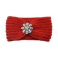Red knitted headband with sparkling rhinestone flower, cozy winter hair band for women. - Red