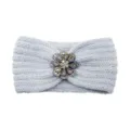 Light Grey Knitted Headband with Rhinestone Flower Brooch Autumn Winter Warm Hair Accessory - Silver Gray