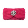 Rose red knitted headband featuring a dazzling crystal flower brooch for winter warmth and daily wear. - Rose Red