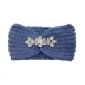 Blue knitted headband with sparkling rhinestone flower and leaf decor for winter warm wear. - Fog Blue