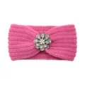 Pink knitted rhinestone flower headband winter warm hair band fashion hair accessory sku - Peach Pink
