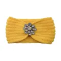 Yellow knitted headband featuring an iridescent rhinestone flower brooch for winter warmth. - Yellow