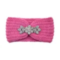 Pink knitted winter headband with sparkling rhinestone flower and leaf embellishment, cozy and chic. - Peach Pink