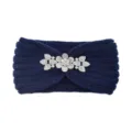 Navy blue knitted headband with sparkling rhinestone flower decor, warm winter hair accessory for women. - Navy Blue