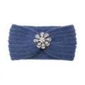 Blue knitted headband with sparkling crystal flower brooch, cozy winter hair accessory. - Fog Blue