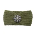 Olive green knit headband featuring a sparkling rhinestone flower accent for winter warmth. - Pickle Green