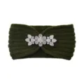 Dark green knitted headband with sparkling crystal flowers for autumn winter warm cozy styling. - Dark Pickle Green