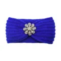 Blue knitted rhinestone flower headband winter warm hair accessory elastic hair bands - Sapphire Blue