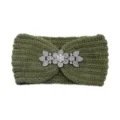Green knitted headband featuring a sparkling rhinestone flower ornament for autumn and winter. - Pickle Green