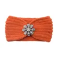 Orange knitted headband featuring a sparkling rhinestone flower brooch for winter warmth and style. - Orange
